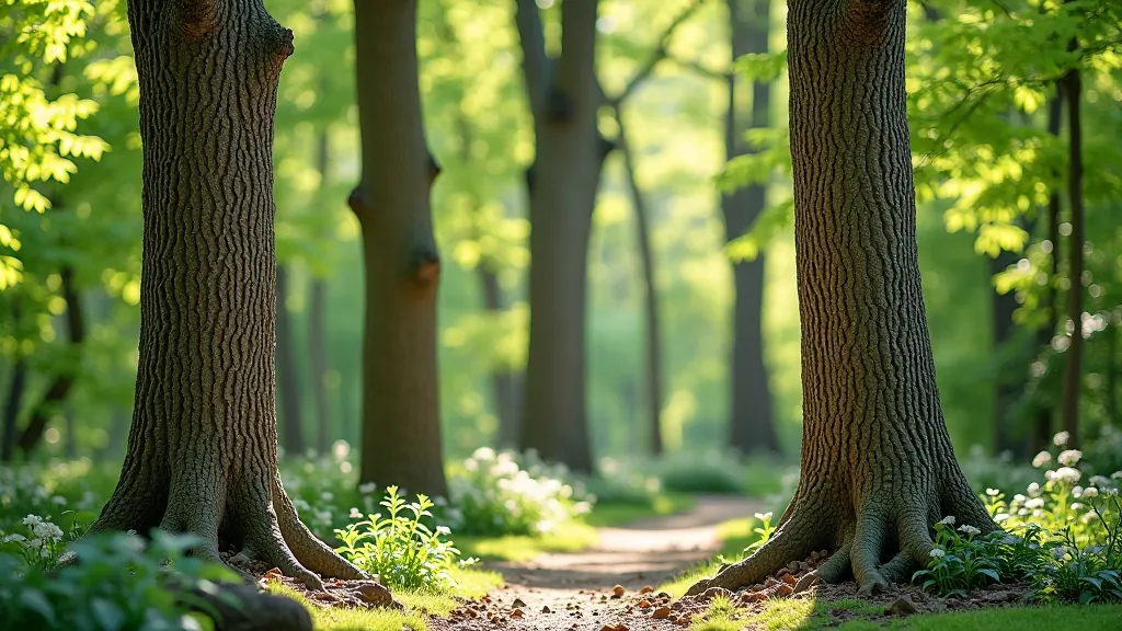 Senų medžių stumbai su mažais lapais, botanikos sodo gilioje dalyje