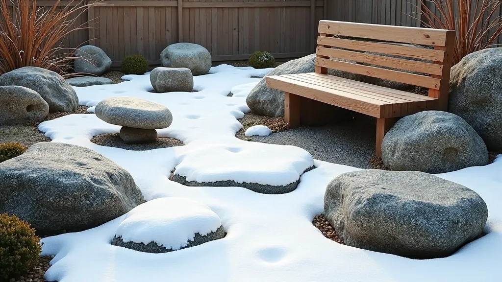Žiemos sodo japoniški akmenys ir suoliukas, ramios linijos, minimalistinis dizainas